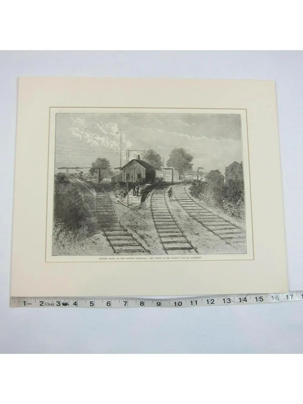 Antique 1871 Wood Engraved Print Revere Massachusetts Railroad Train Wreck Scene